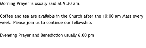 Morning Prayer is usually said at 9:30 am.  Coffee and tea are available in the Church after the 10:00 am Mass every week. Please join us to continue our fellowship.  Eveneing Prayer and Benediction usually 6.00 pm